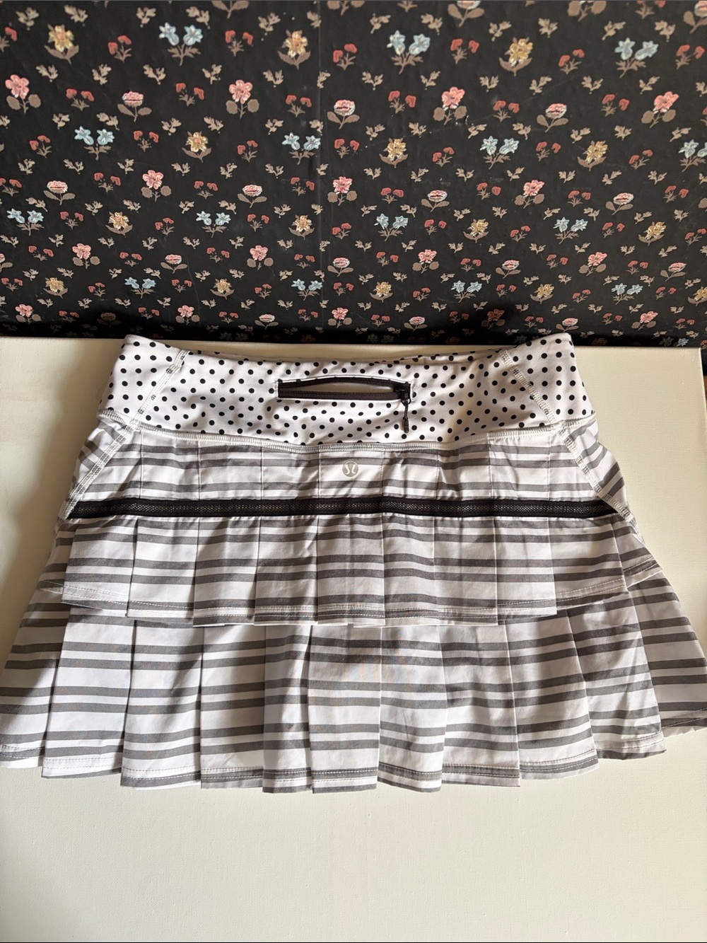 White and Gray Striped Pleated Skirt with Polka Dot Waistband